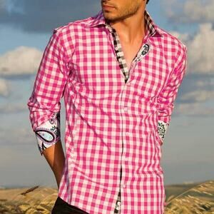 BERTIGO Pepe 52 Cotton Designer Shirt Men's Size XL Pink White Check NWOT